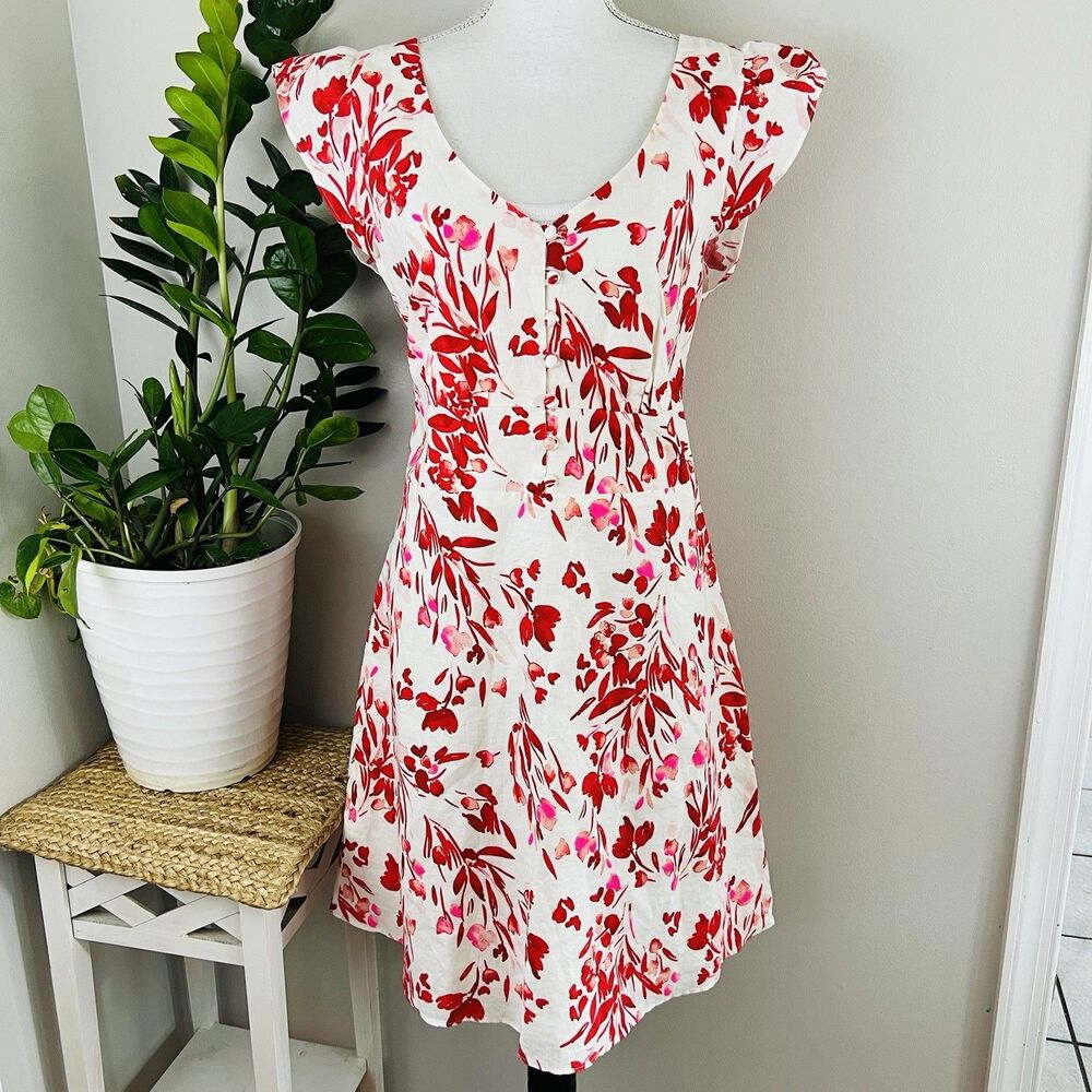 Banana Republic White Midi Dress with Red Floral Print